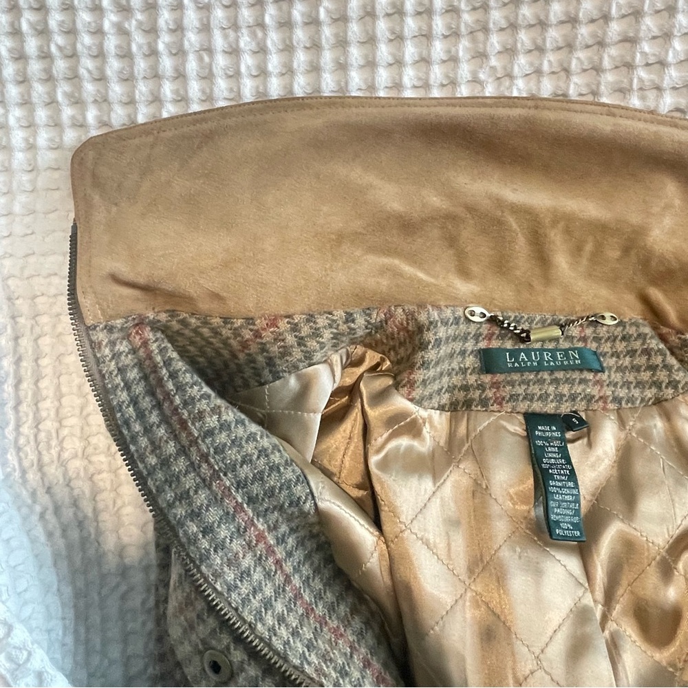 Vintage Lauren Ralph Lauren Houndstooth Wool Jacket Leather Trim Full Zip Sz S - Picture 10 of 12